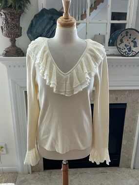 Max Studio Ivory Ruffle V-Neck Long Sleeve Knit Sweater Top